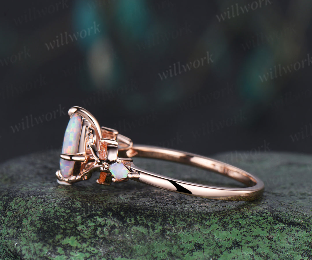 Unique kite opal engagement ring leaf sunstone 14k rose gold art deco nature inspired promise anniversary gift