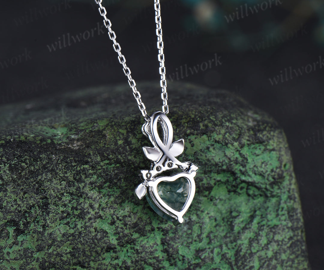 Heart cut natural moss agate necklace white gold leaf nature inspired pendant bridal jewelry