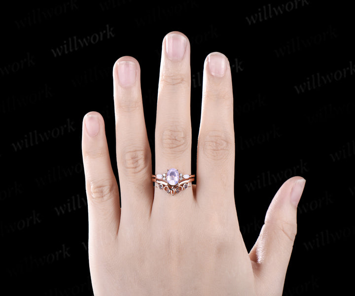 Lavender Amethyst ring Oval cut Romantic engagement ring set rose gold vintage unique minimalist moissanite ring bridal wedding ring set women