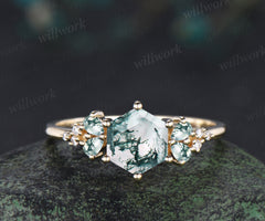 Hexagon cut moss agate engagement ring unique pear moss agate moissanite cluster ring solid yellow gold promise ring jewelry gifts