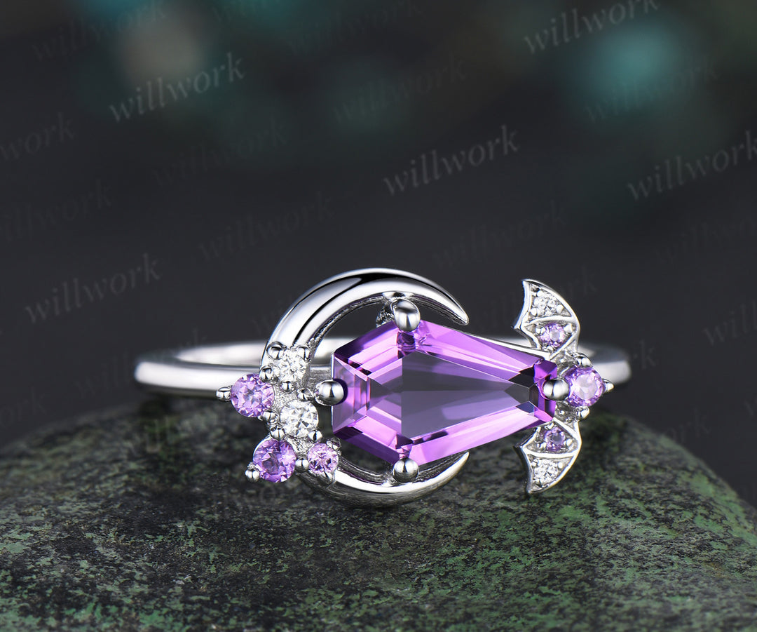 Unique coffin Shaped Amethyst engagement ring white gold cluster moon bat diamond wedding ring women crystal gift