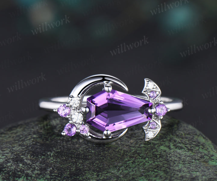 Unique coffin Shaped Amethyst engagement ring white gold cluster moon bat diamond wedding ring women crystal gift