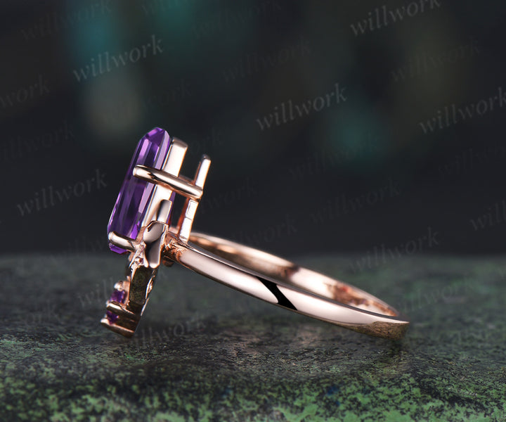 Kite coffin amethyst ring vintage wing bat moon unique engagement ring 14k rose gold wedding ring women