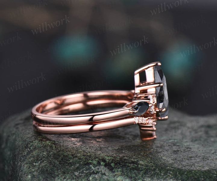 Rose Cut Natural Genuine Kite Salt and Pepper Diamond Engagement Ring Set Black Diamond Bridal Wedding Ring Set for Women