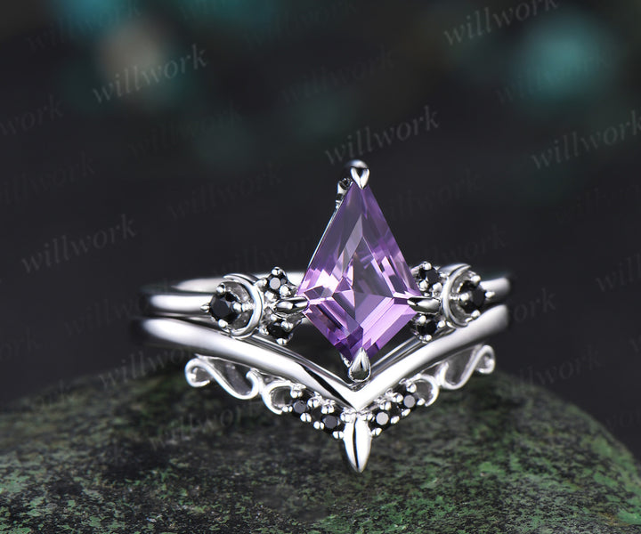 Kite cut purple amethyst engagement ring Moon black diamond ring women solid 14k white gold Crystal gemstone unique anniversary gift