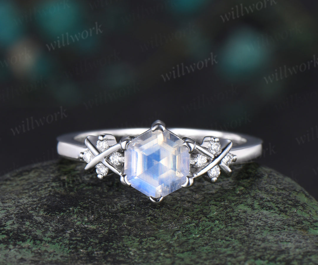 Hexagon cut moonstone engagement ring solid 14k white gold cluster diamond ring 6 prong dainty anniversary gift jewelry