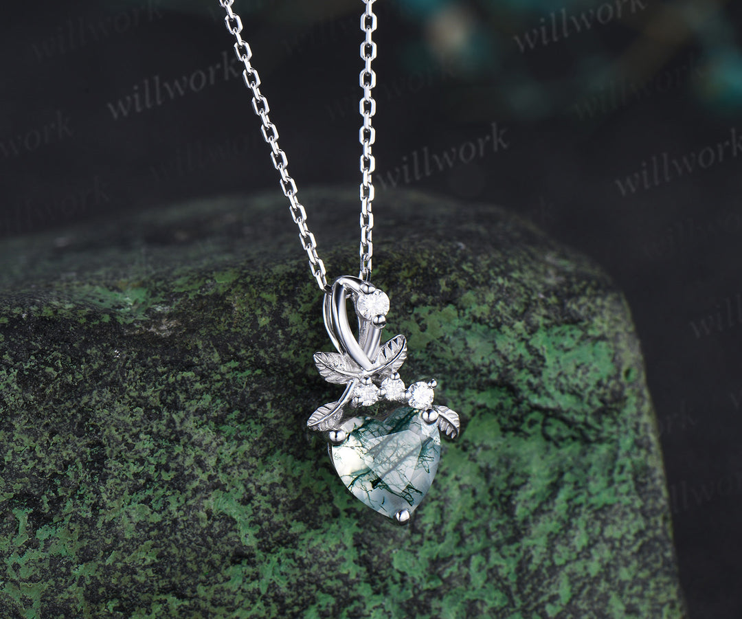 Heart cut natural moss agate necklace white gold leaf nature inspired pendant bridal jewelry
