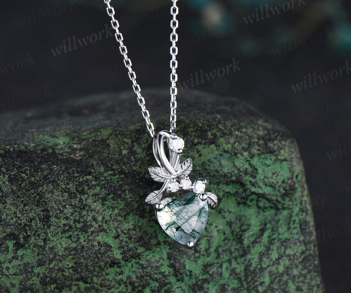 Heart cut natural moss agate necklace white gold leaf nature inspired pendant bridal jewelry