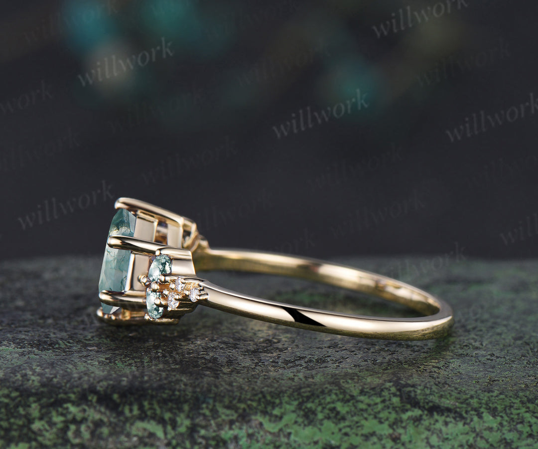Hexagon cut moss agate engagement ring unique pear moss agate moissanite cluster ring solid yellow gold promise ring jewelry gifts