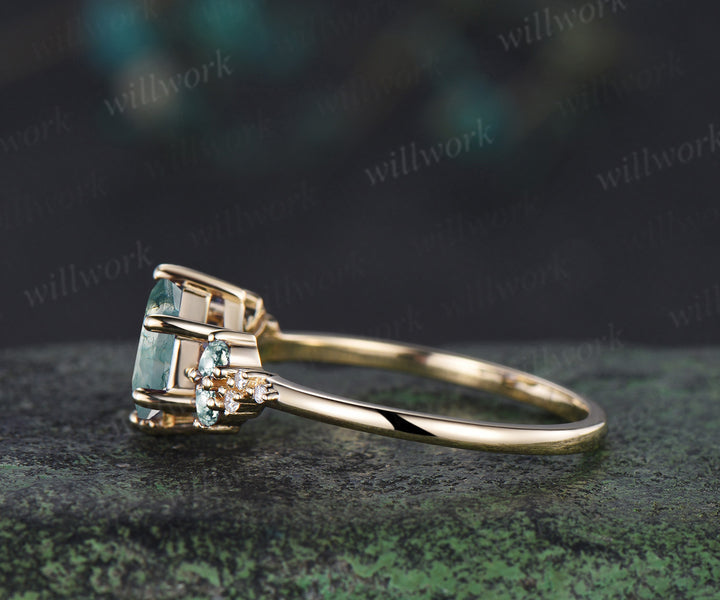 Hexagon cut moss agate engagement ring unique pear moss agate moissanite cluster ring solid yellow gold promise ring jewelry gifts