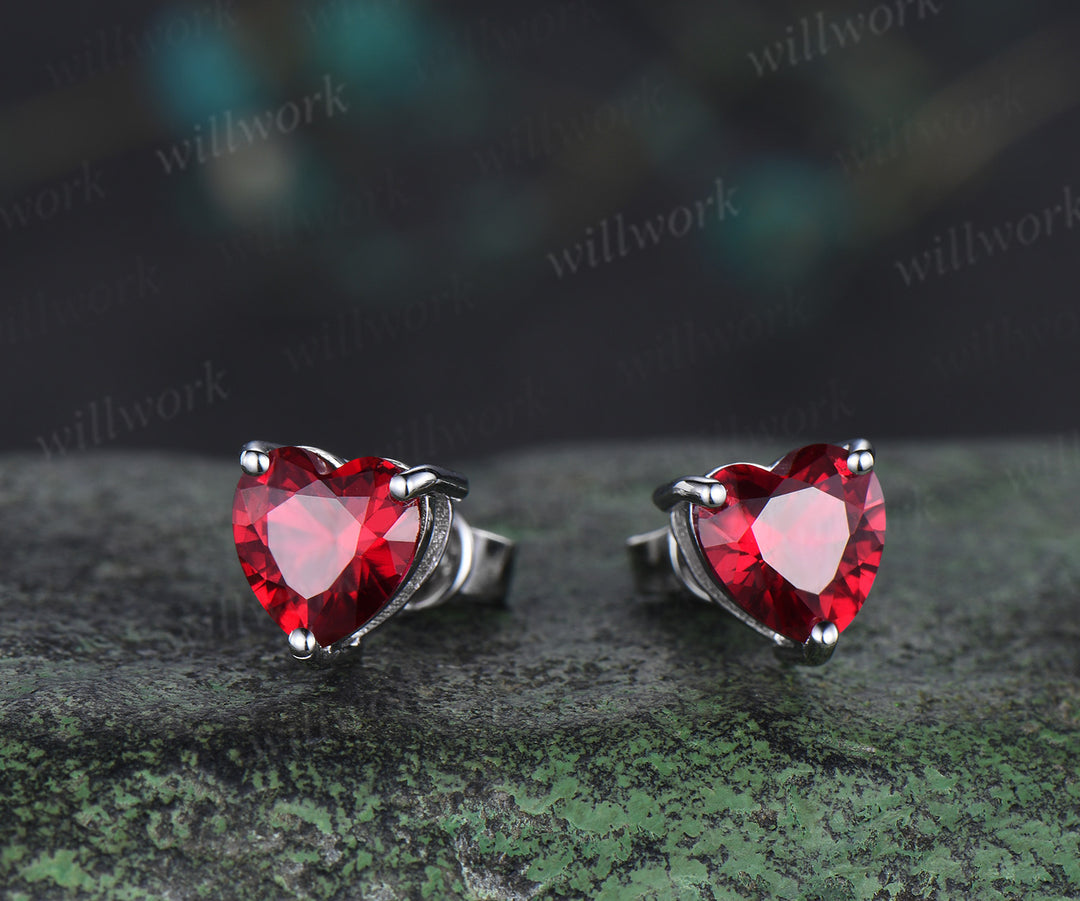 Heart Cut Ruby Stud Earrings Unique July Birthstone Solitaire Earrings 14k white Gold Red Gemstone Pierced Earrings Women