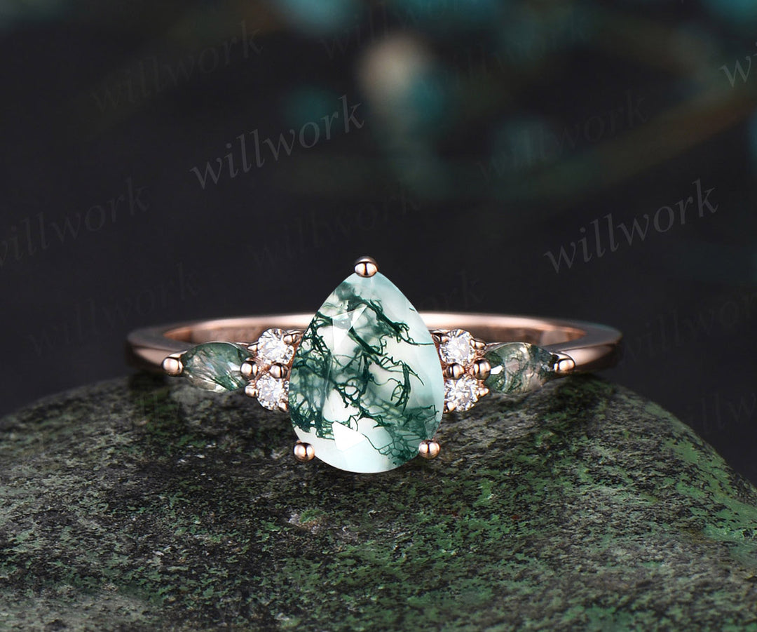 Pear cut moss agate engagement ring set vintage rose gold dainty diamond ring women unique wedding bridal ring set jewelry