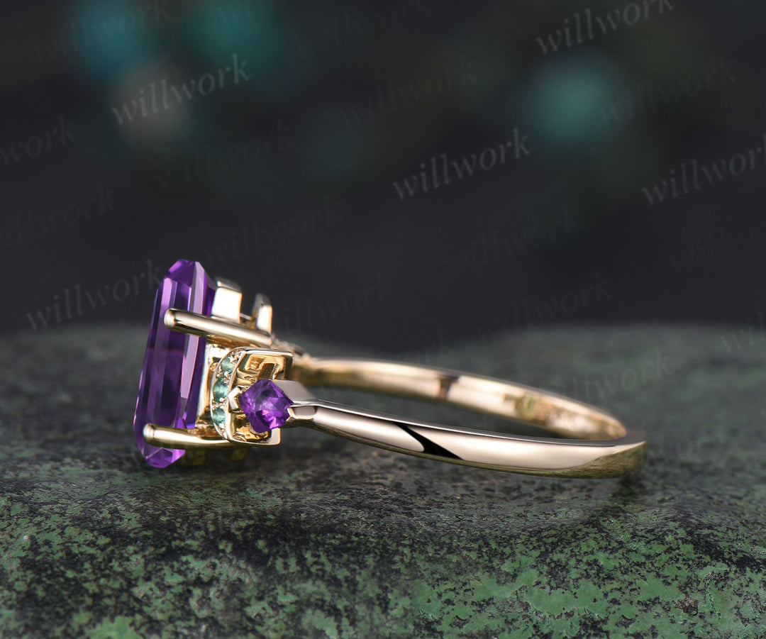 Kite Coffin purple amethyst engagement ring 14k yellow gold cluster moon emerald wedding crystal ring anniversary gift