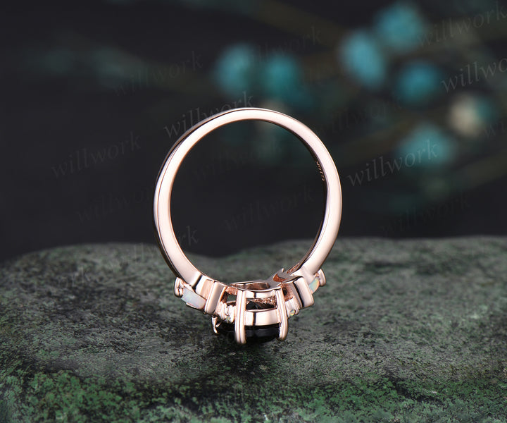 Oval cut black onyx engagement ring retro moon Opal moissanite deco ring 14k rose gold unique crescent promise ring gift