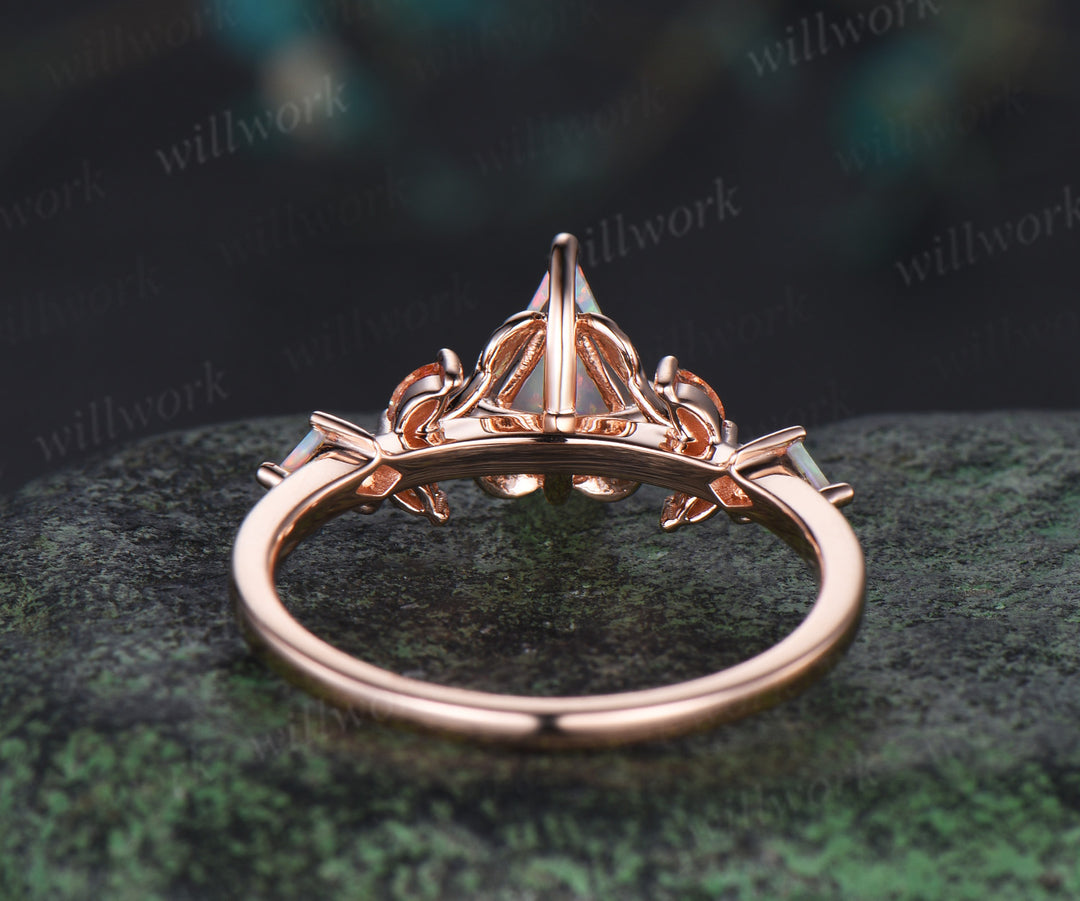 Unique kite opal engagement ring leaf sunstone 14k rose gold art deco nature inspired promise anniversary gift