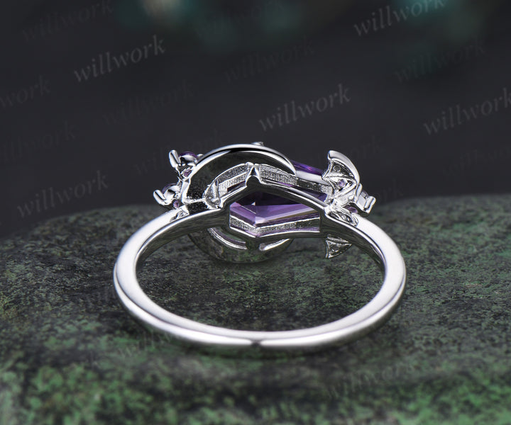 Unique coffin Shaped Amethyst engagement ring white gold cluster moon bat diamond wedding ring women crystal gift