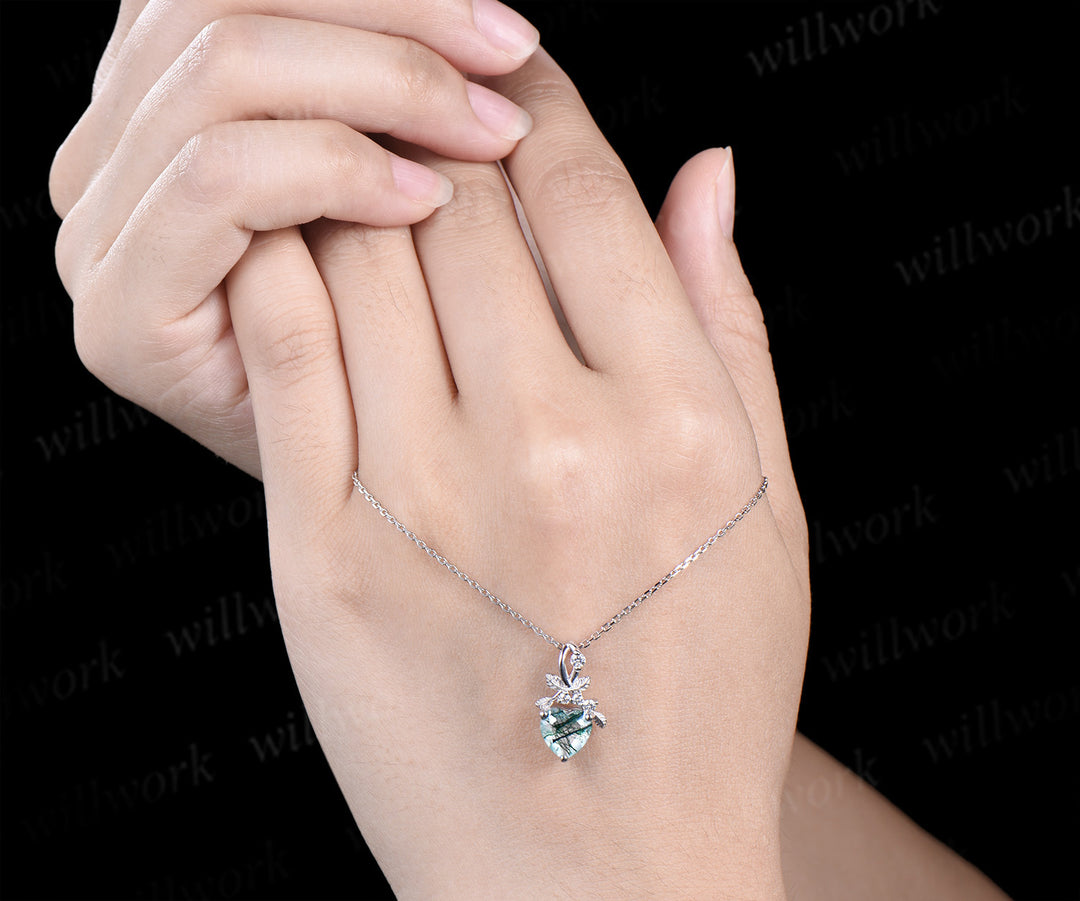 Heart cut natural moss agate necklace white gold leaf nature inspired pendant bridal jewelry