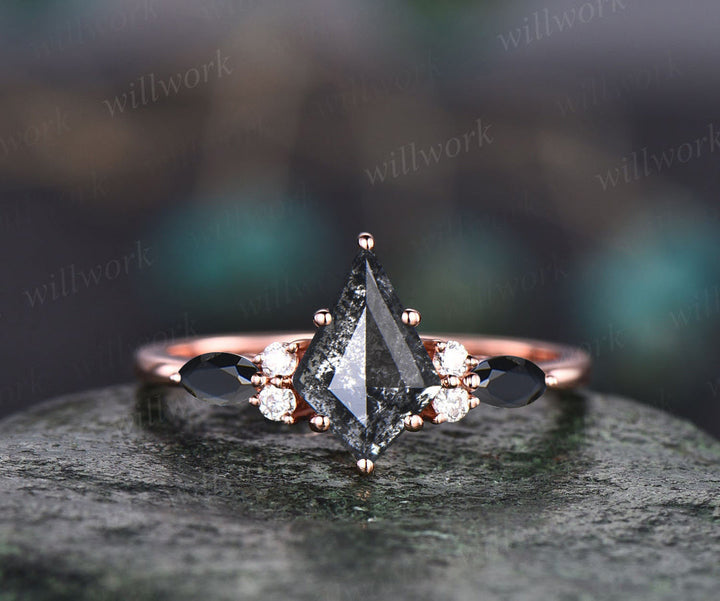 Rose Cut Natural Genuine Kite Salt and Pepper Diamond Engagement Ring Set Black Diamond Bridal Wedding Ring Set for Women