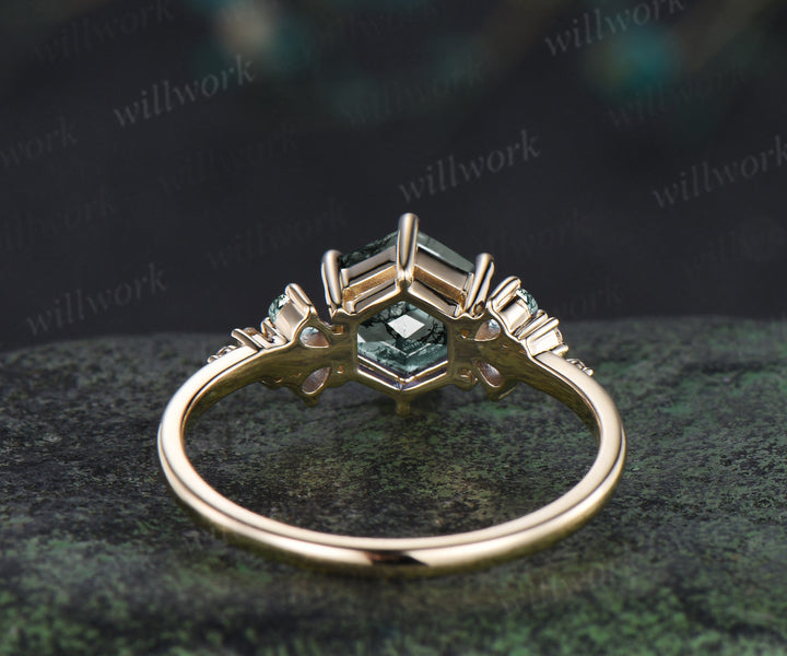Hexagon cut moss agate engagement ring unique pear moss agate moissanite cluster ring solid yellow gold promise ring jewelry gifts