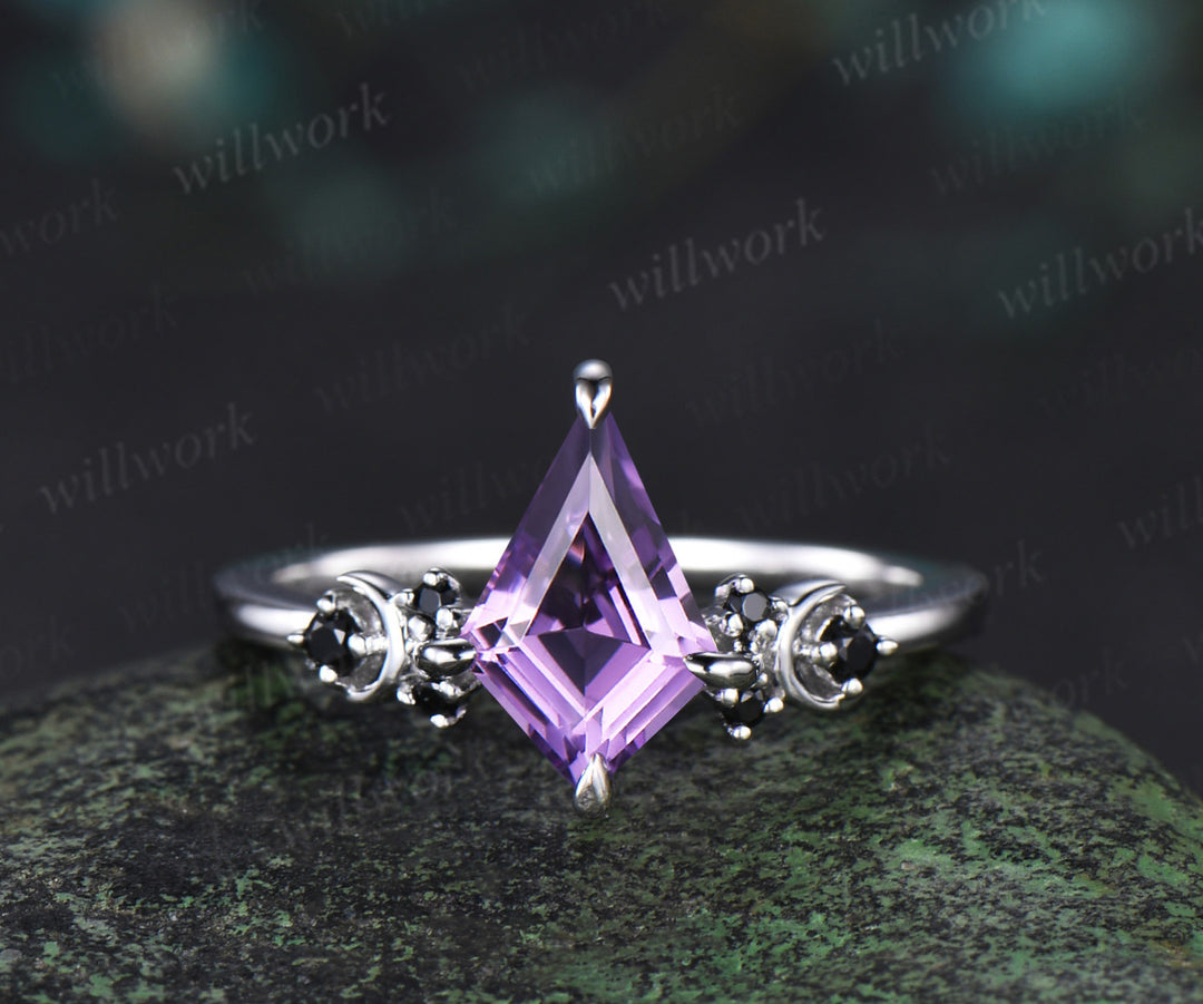 Kite cut purple amethyst engagement ring Moon black diamond ring women solid 14k white gold Crystal gemstone unique anniversary gift