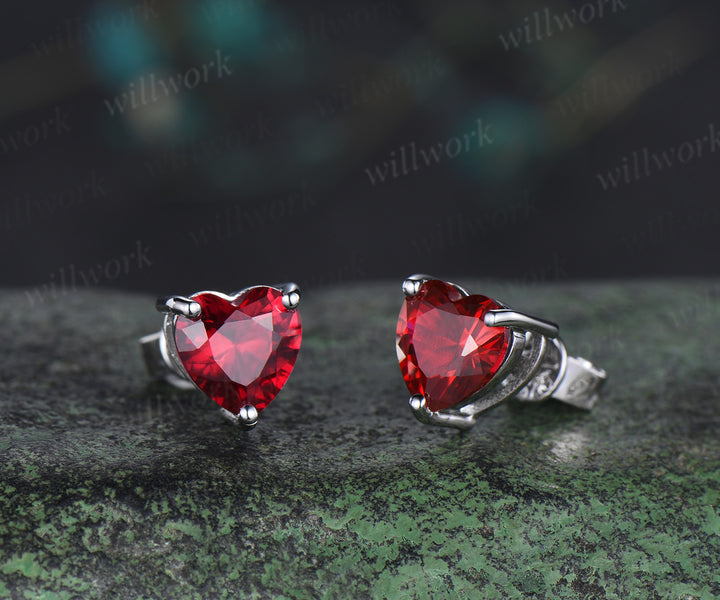 Heart Cut Ruby Stud Earrings Unique July Birthstone Solitaire Earrings 14k white Gold Red Gemstone Pierced Earrings Women