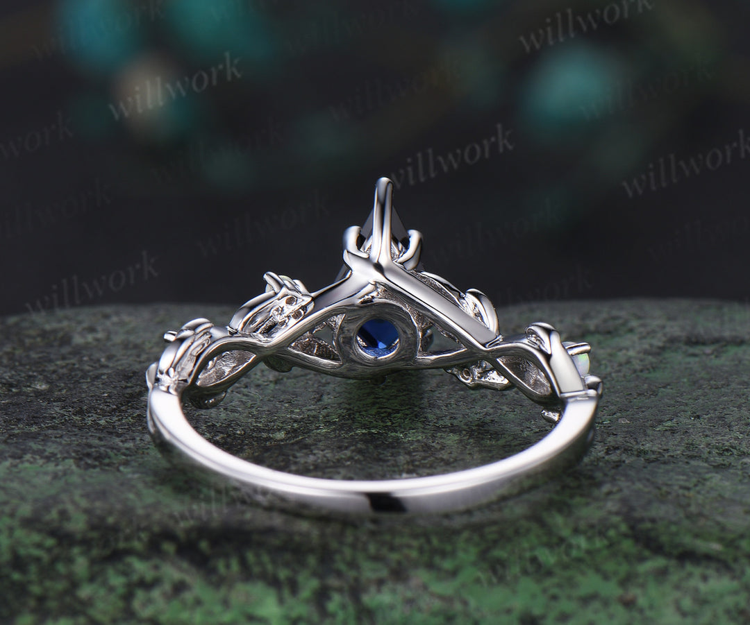 Kite cut blue sapphire engagement ring white gold twig opal ring vintage leaf moonstone nature inspired anniversary gift