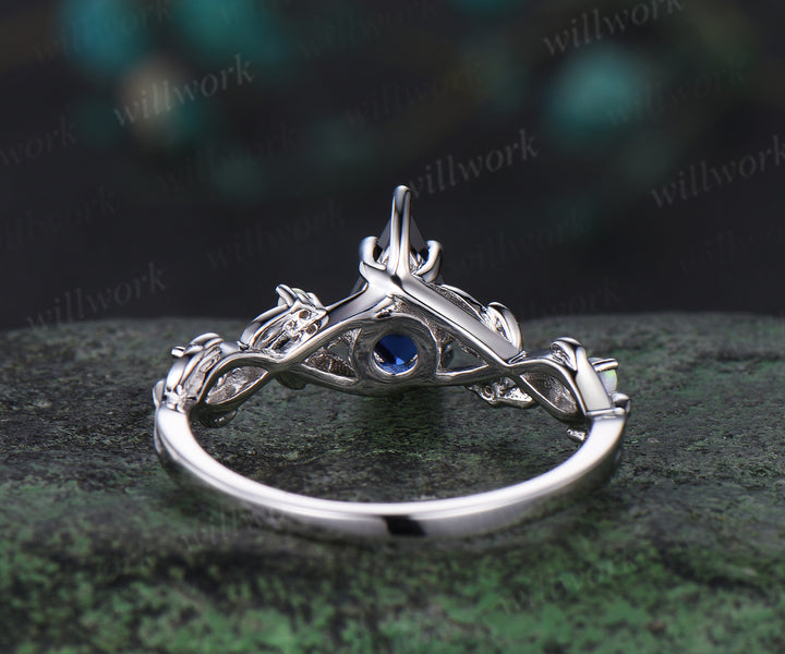 Kite cut blue sapphire engagement ring white gold twig opal ring vintage leaf moonstone nature inspired anniversary gift