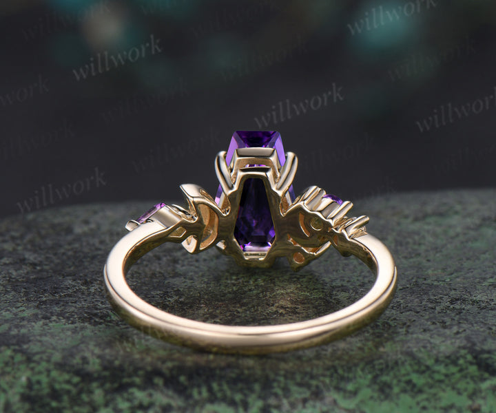 Kite Coffin purple amethyst engagement ring 14k yellow gold cluster moon emerald wedding crystal ring anniversary gift