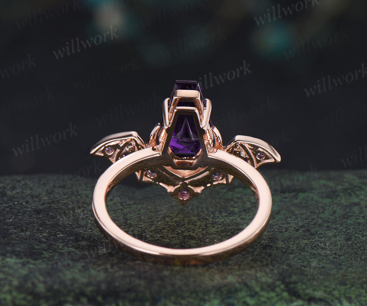 Kite coffin amethyst ring vintage wing bat moon unique engagement ring 14k rose gold wedding ring women