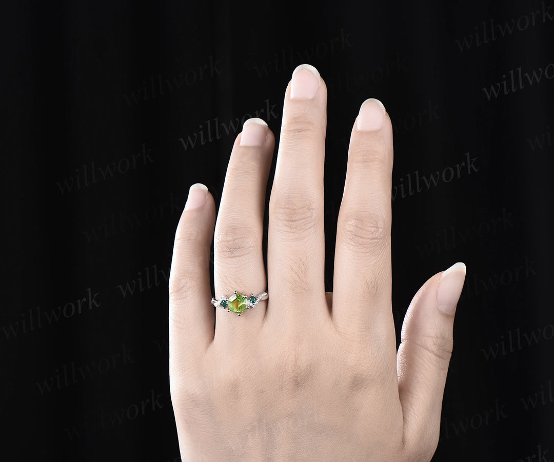 Hexagon cut natural peridot engagement ring solid 14k white gold twisted diamond princess emerald wedding anniversary ring gift