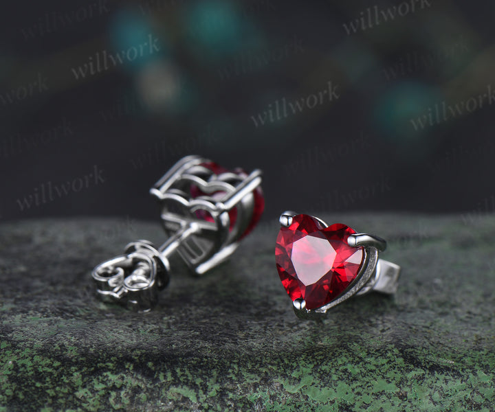 Heart Cut Ruby Stud Earrings Unique July Birthstone Solitaire Earrings 14k white Gold Red Gemstone Pierced Earrings Women