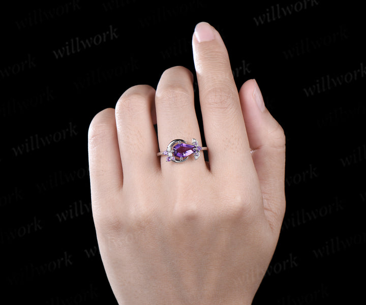 Unique coffin Shaped Amethyst engagement ring white gold cluster moon bat diamond wedding ring women crystal gift