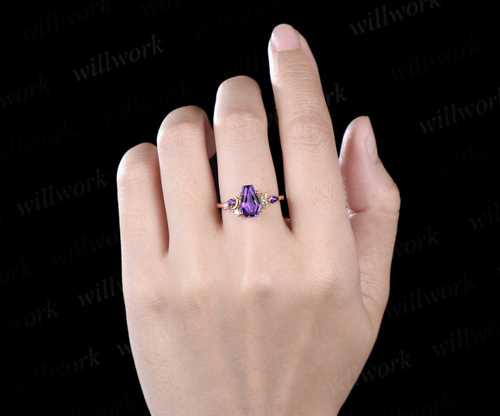 Kite Coffin purple amethyst engagement ring 14k yellow gold cluster moon emerald wedding crystal ring anniversary gift