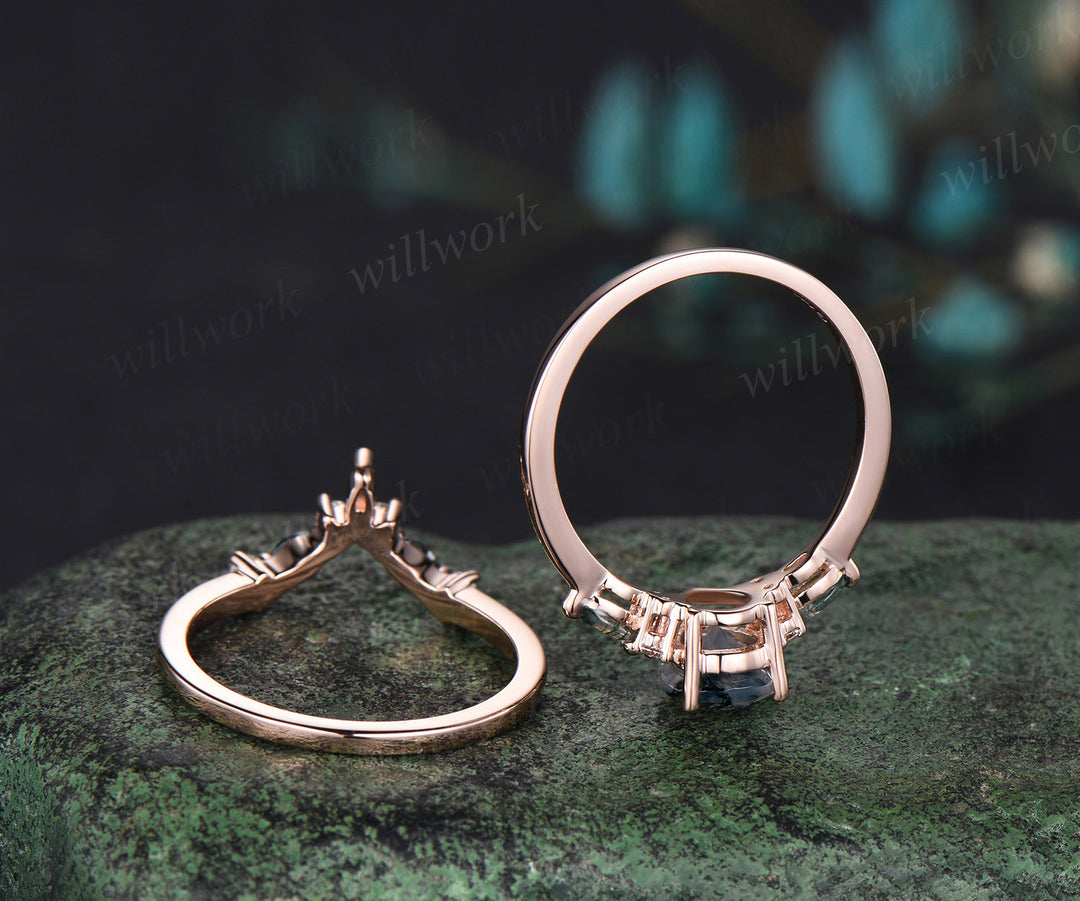 Pear cut moss agate engagement ring set vintage rose gold dainty diamond ring women unique wedding bridal ring set jewelry