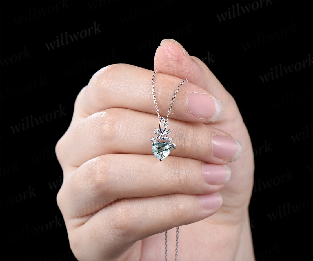Heart cut natural moss agate necklace white gold leaf nature inspired pendant bridal jewelry