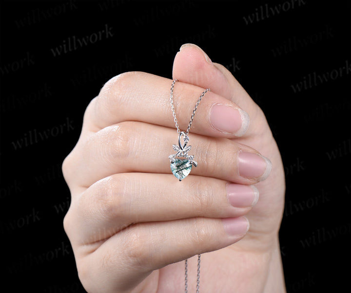 Heart cut natural moss agate necklace white gold leaf nature inspired pendant bridal jewelry