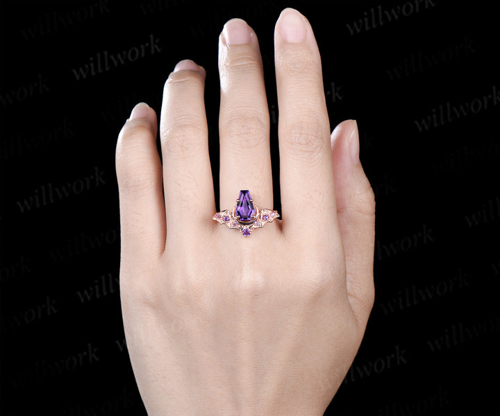 Kite coffin amethyst ring vintage wing bat moon unique engagement ring 14k rose gold wedding ring women