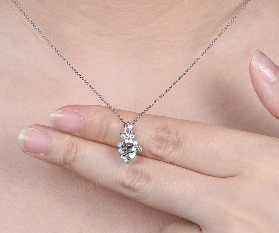 Heart cut natural moss agate necklace white gold leaf nature inspired pendant bridal jewelry