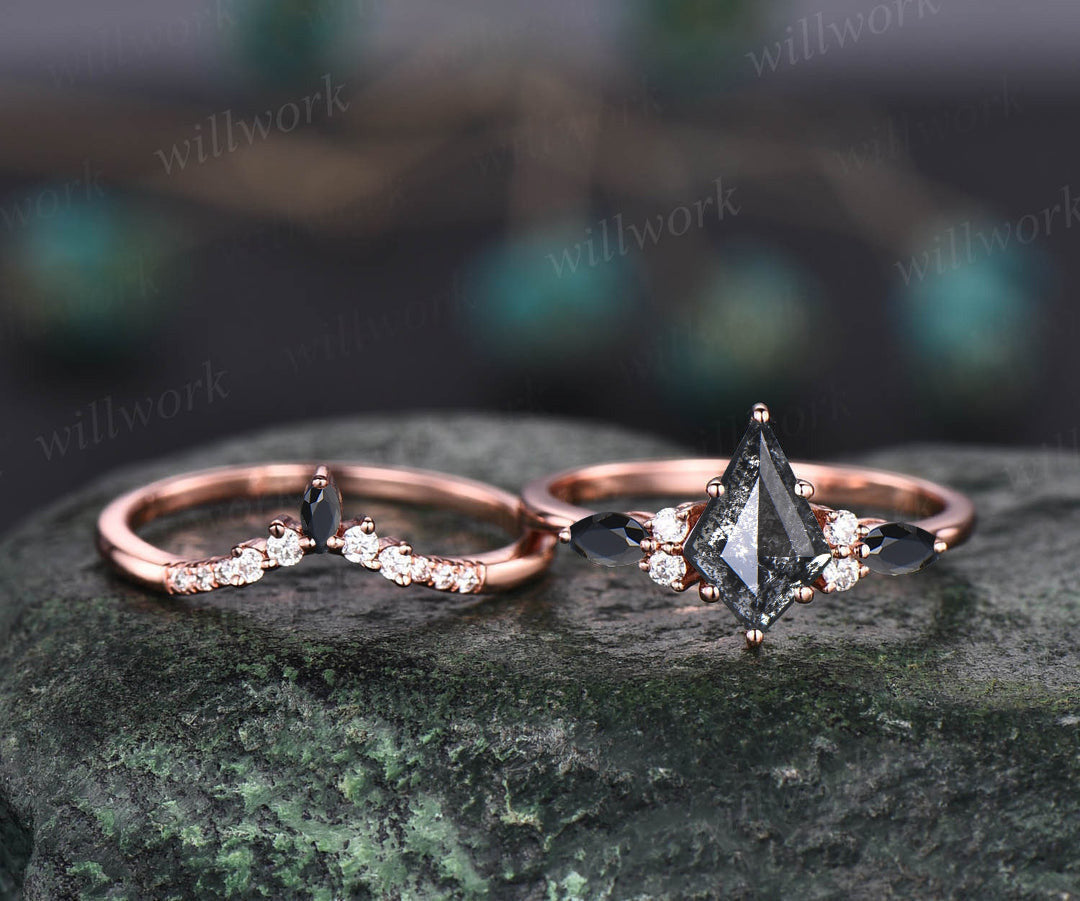 Rose Cut Natural Genuine Kite Salt and Pepper Diamond Engagement Ring Set Black Diamond Bridal Wedding Ring Set for Women