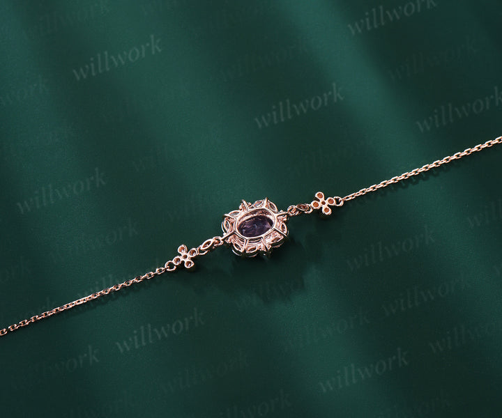 14K Real Rose Gold Oval Lavender Amethyst & Diamond Chain Bracelets Dainty Simple Genuine Gemstone Crystal Charm Wedding Bracelet for Bridal