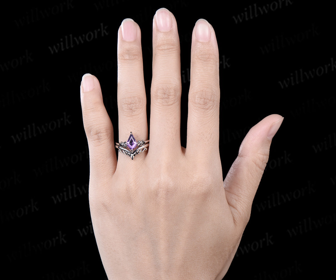 Kite cut purple amethyst engagement ring Moon black diamond ring women solid 14k white gold Crystal gemstone unique anniversary gift