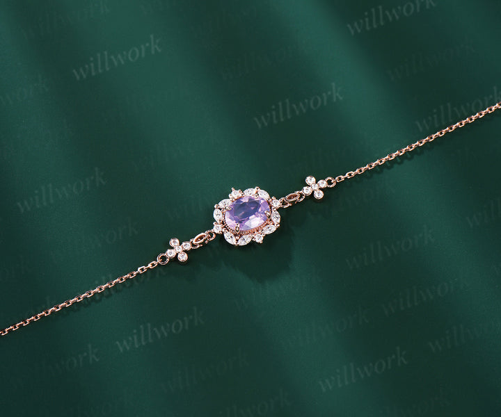 14K Real Rose Gold Oval Lavender Amethyst & Diamond Chain Bracelets Dainty Simple Genuine Gemstone Crystal Charm Wedding Bracelet for Bridal