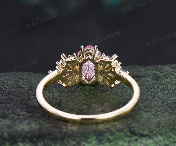 Fantasy Cut Padparadscha Engagement Ring Hexagon Pink Sapphire Milgrain Moissanite Alexandrite Cluster Ring Gifts for Her