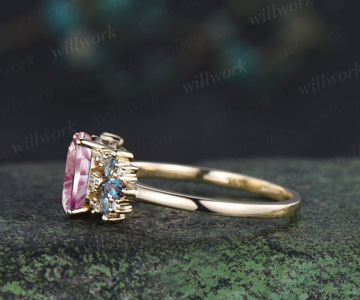 Fantasy Cut Padparadscha Engagement Ring Hexagon Pink Sapphire Milgrain Moissanite Alexandrite Cluster Ring Gifts for Her