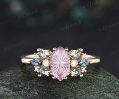 Fantasy Cut Padparadscha Engagement Ring Hexagon Pink Sapphire Milgrain Moissanite Alexandrite Cluster Ring Gifts for Her