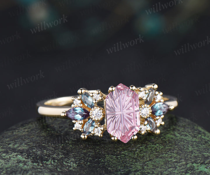 Fantasy Cut Padparadscha Engagement Ring Hexagon Pink Sapphire Milgrain Moissanite Alexandrite Cluster Ring Gifts for Her