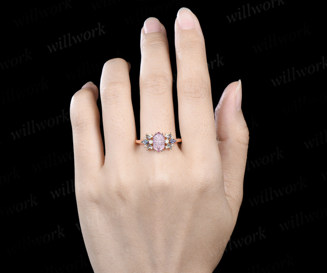 Fantasy Cut Padparadscha Engagement Ring Hexagon Pink Sapphire Milgrain Moissanite Alexandrite Cluster Ring Gifts for Her