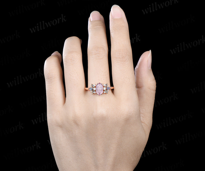 Fantasy Cut Padparadscha Engagement Ring Hexagon Pink Sapphire Milgrain Moissanite Alexandrite Cluster Ring Gifts for Her