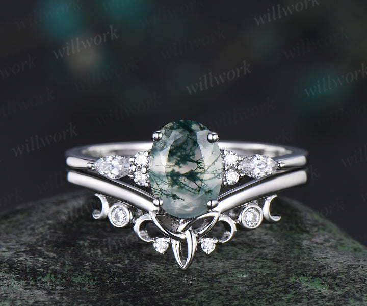 Unique bridal ring set oval cut moss agate engagement ring set vintage moissanite ring set 14k white gold women cluster marquise ring jewelry