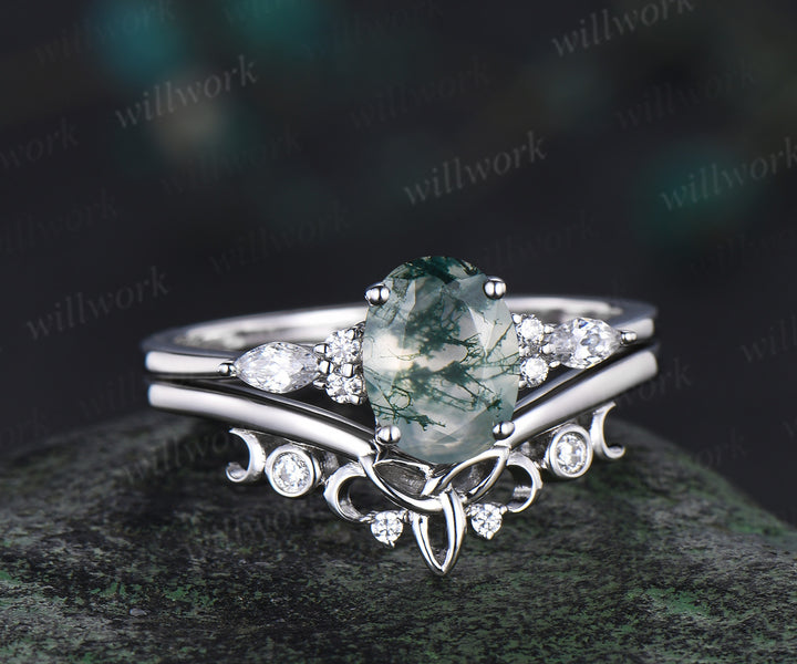 Unique bridal ring set oval cut moss agate engagement ring set vintage moissanite ring set 14k white gold women cluster marquise ring jewelry